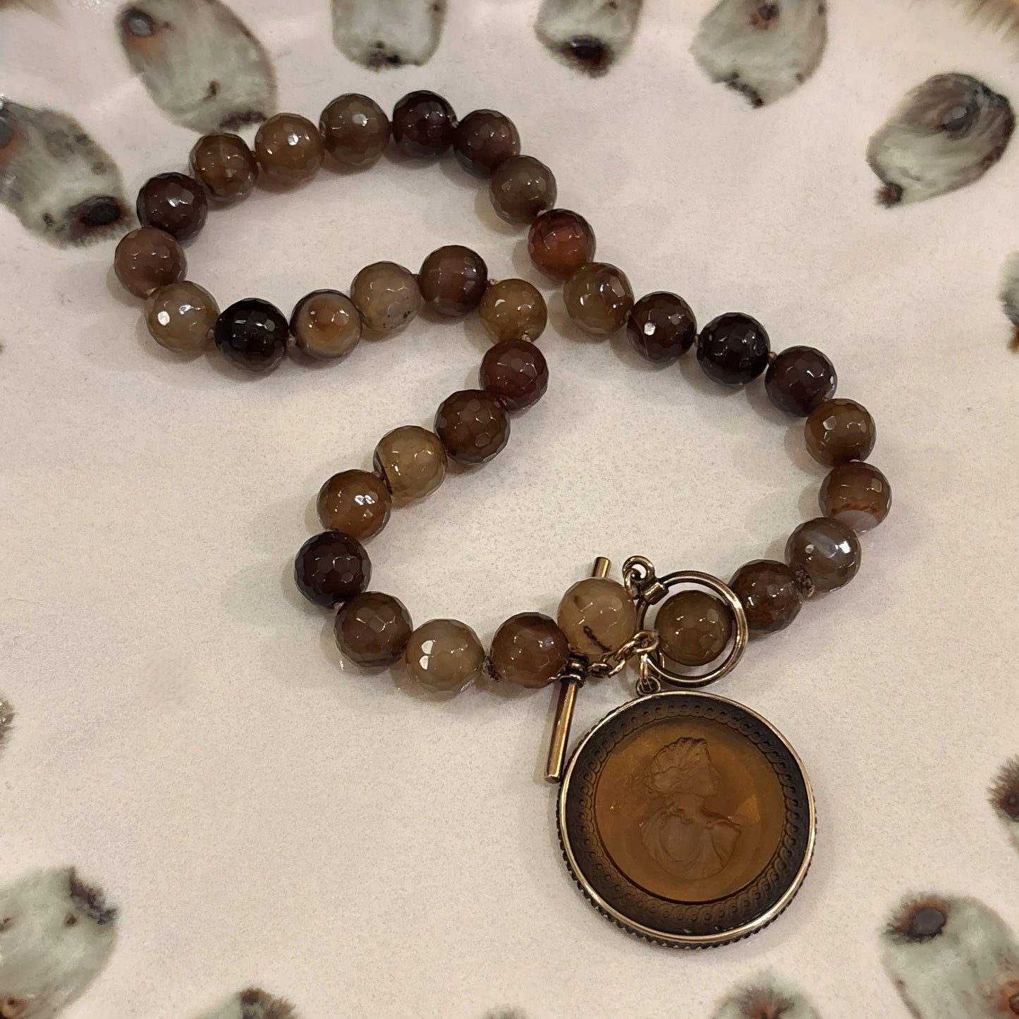 Smokey Topaz Intaglio with Faceted Agate Bead Necklace