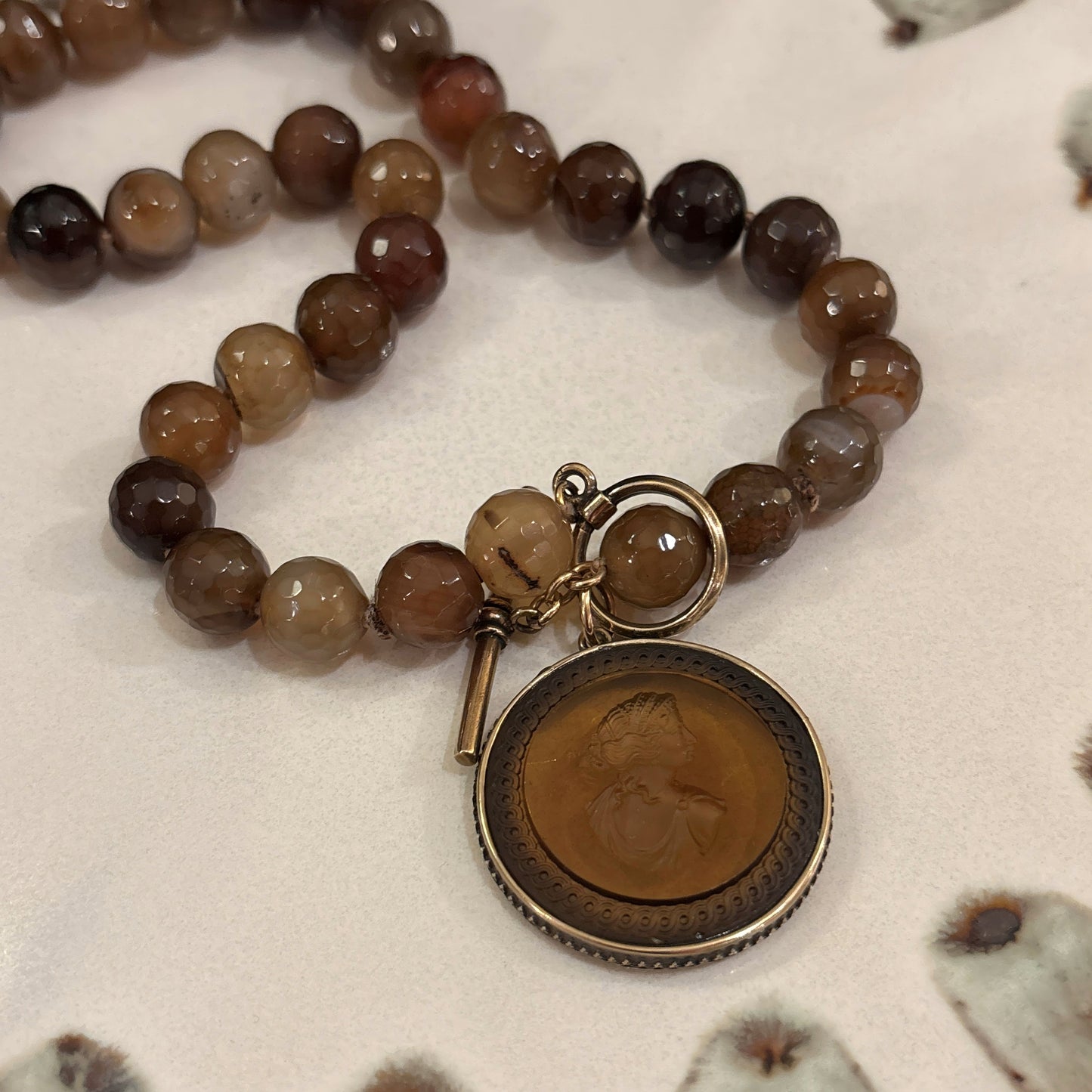 Smokey Topaz Intaglio with Faceted Agate Bead Necklace
