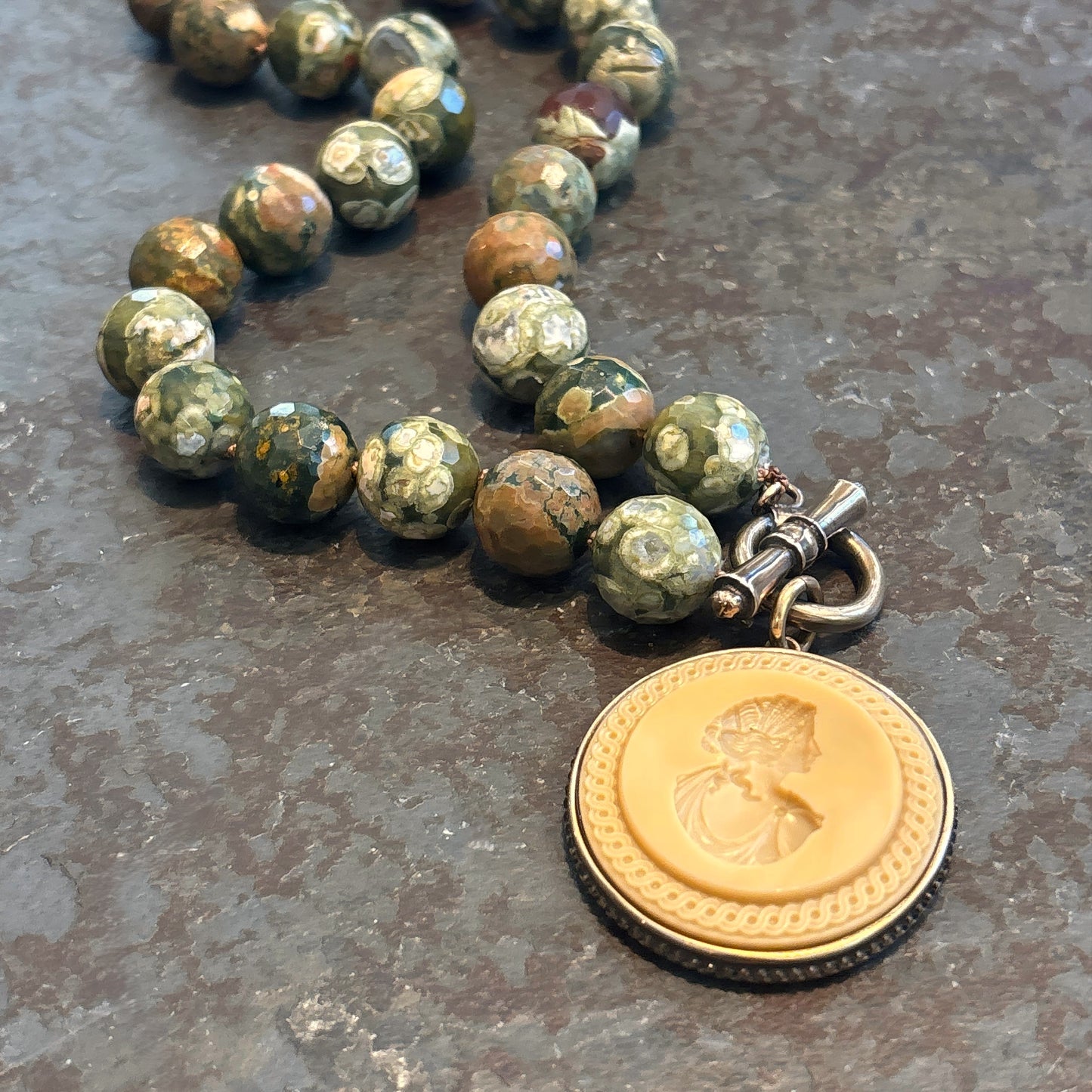 Camel Intaglio with Faceted Unakite Beads Necklace