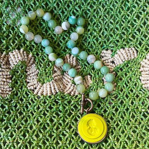 Acid Green Intaglio with New Jade Beads Necklace