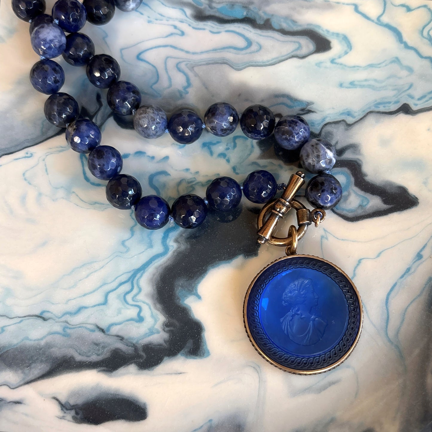 Sapphire Blue Intaglio with Sodalite Beads Necklace