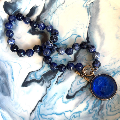 Sapphire Blue Intaglio with Sodalite Beads Necklace