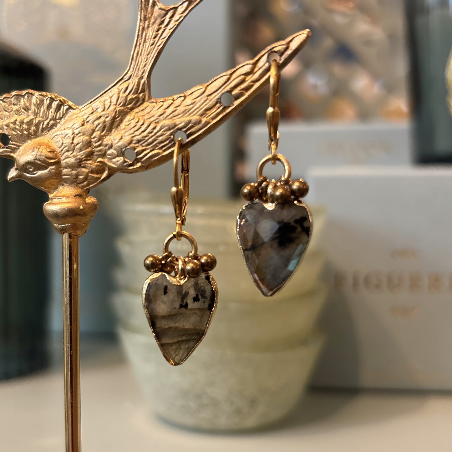 Gold Bordered Labradorite & Brass Beads Earrings