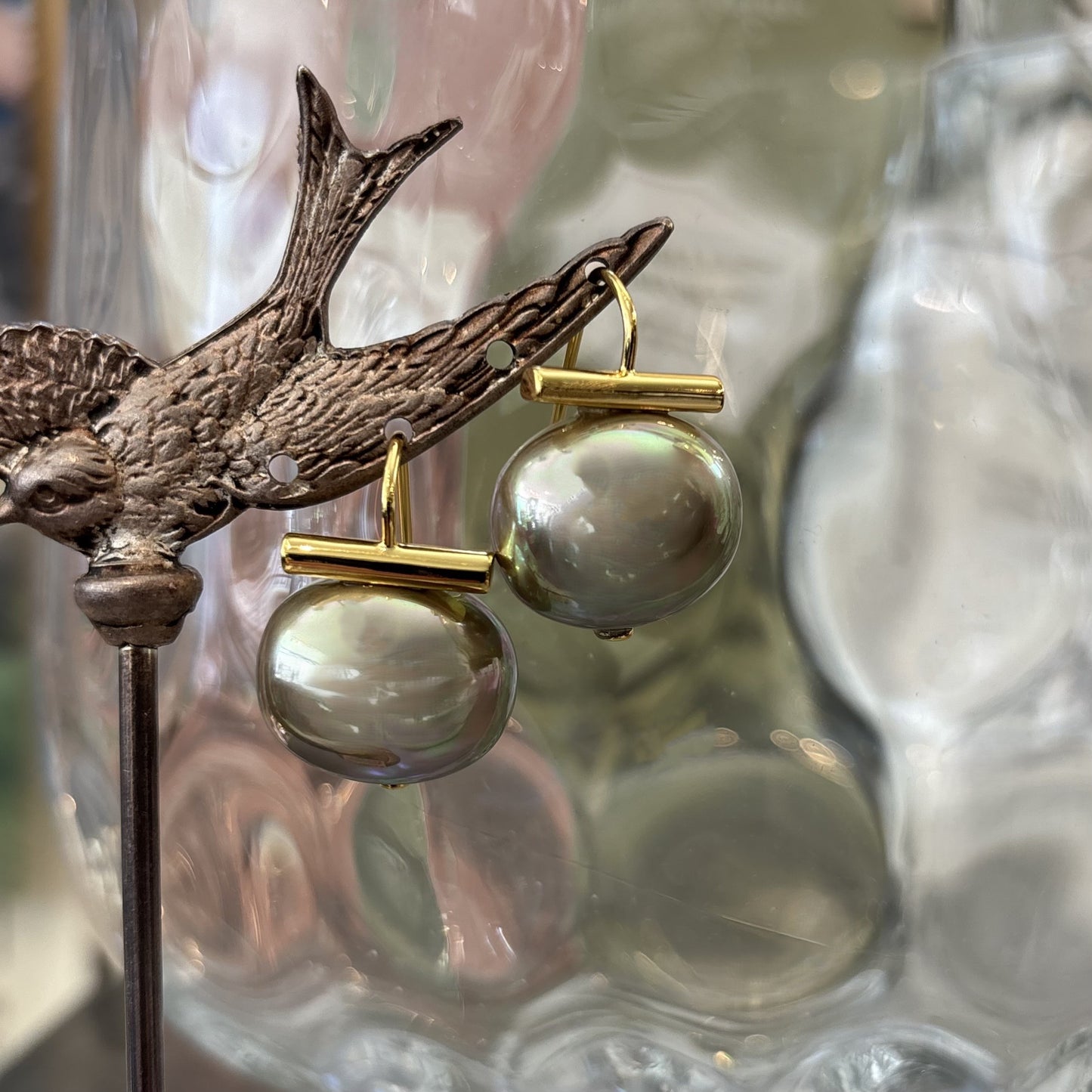 Large Pebble Pearl Earrings, Warm Golden Beige