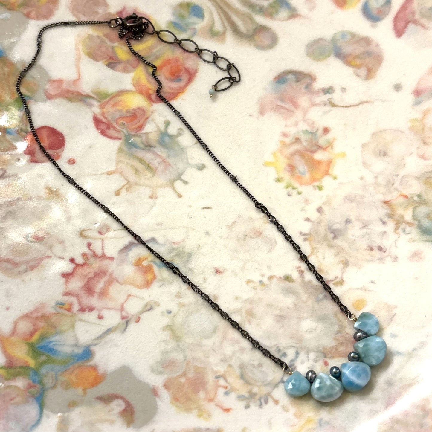 Larimar & Peacock Pearls on Silver Chain Necklace