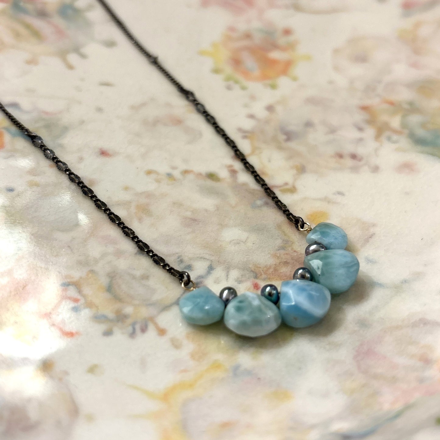 Larimar & Peacock Pearls on Silver Chain Necklace