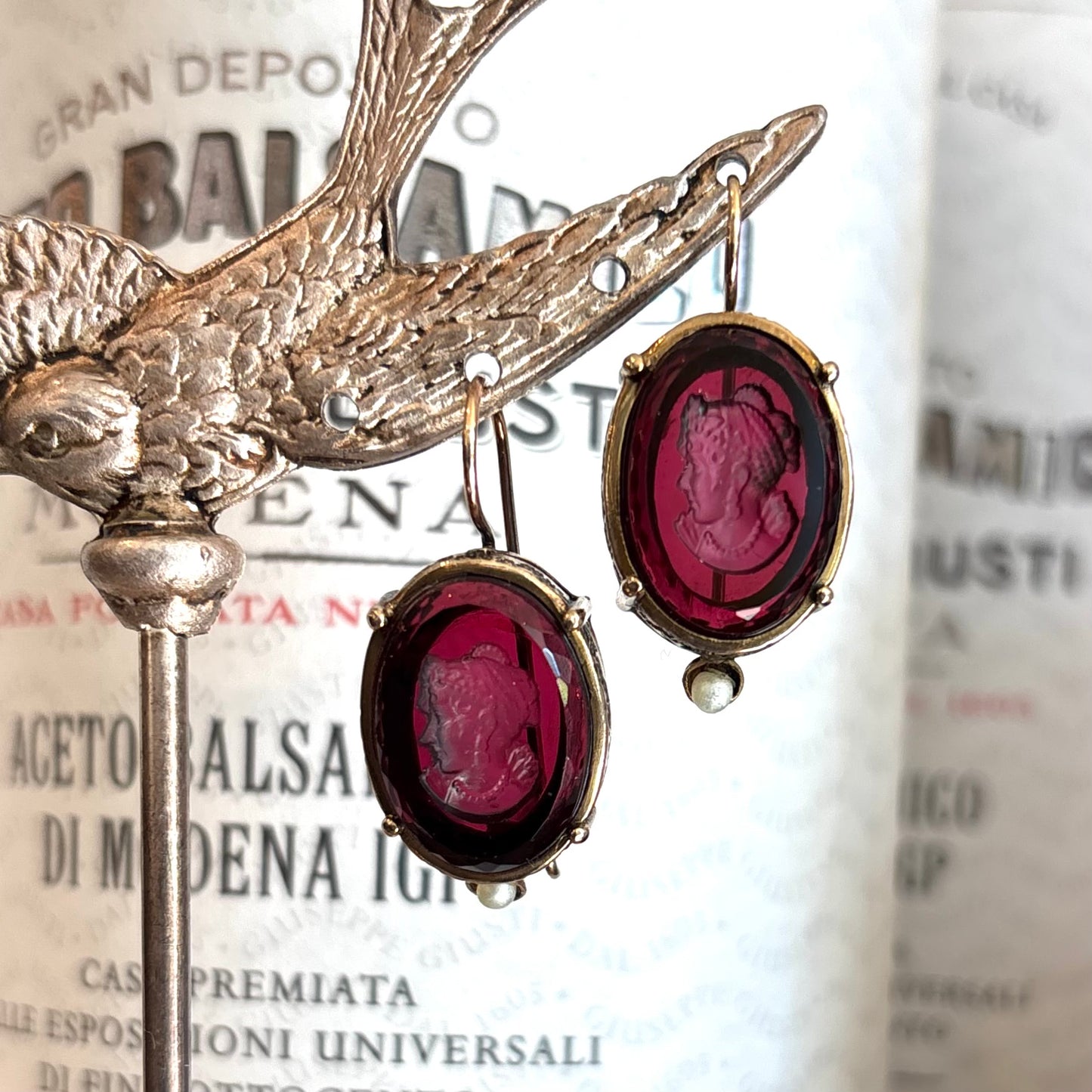 Deep Red Intaglio with Pearl Earrings