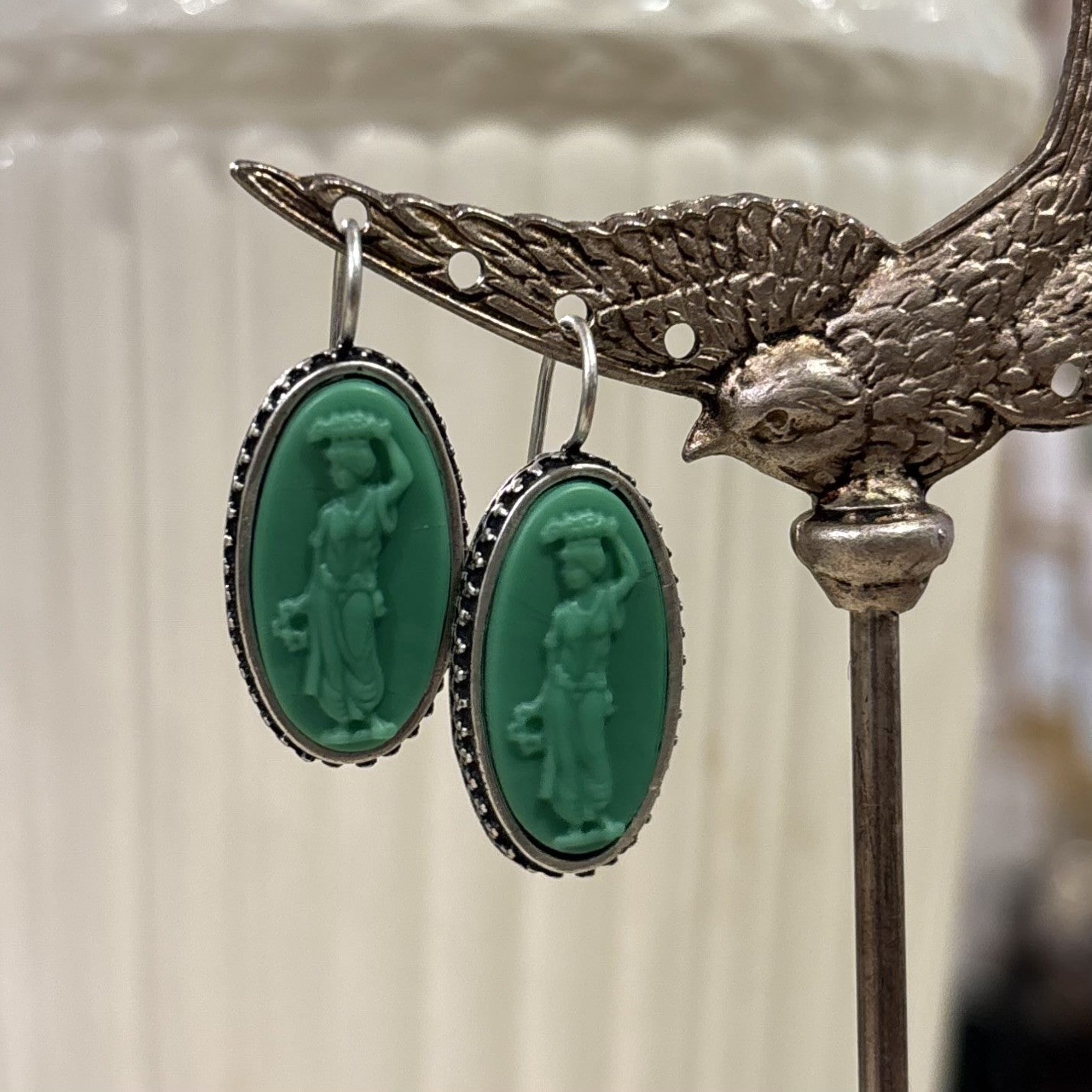 Kelly Green Cameo with Silver Surround Earrings