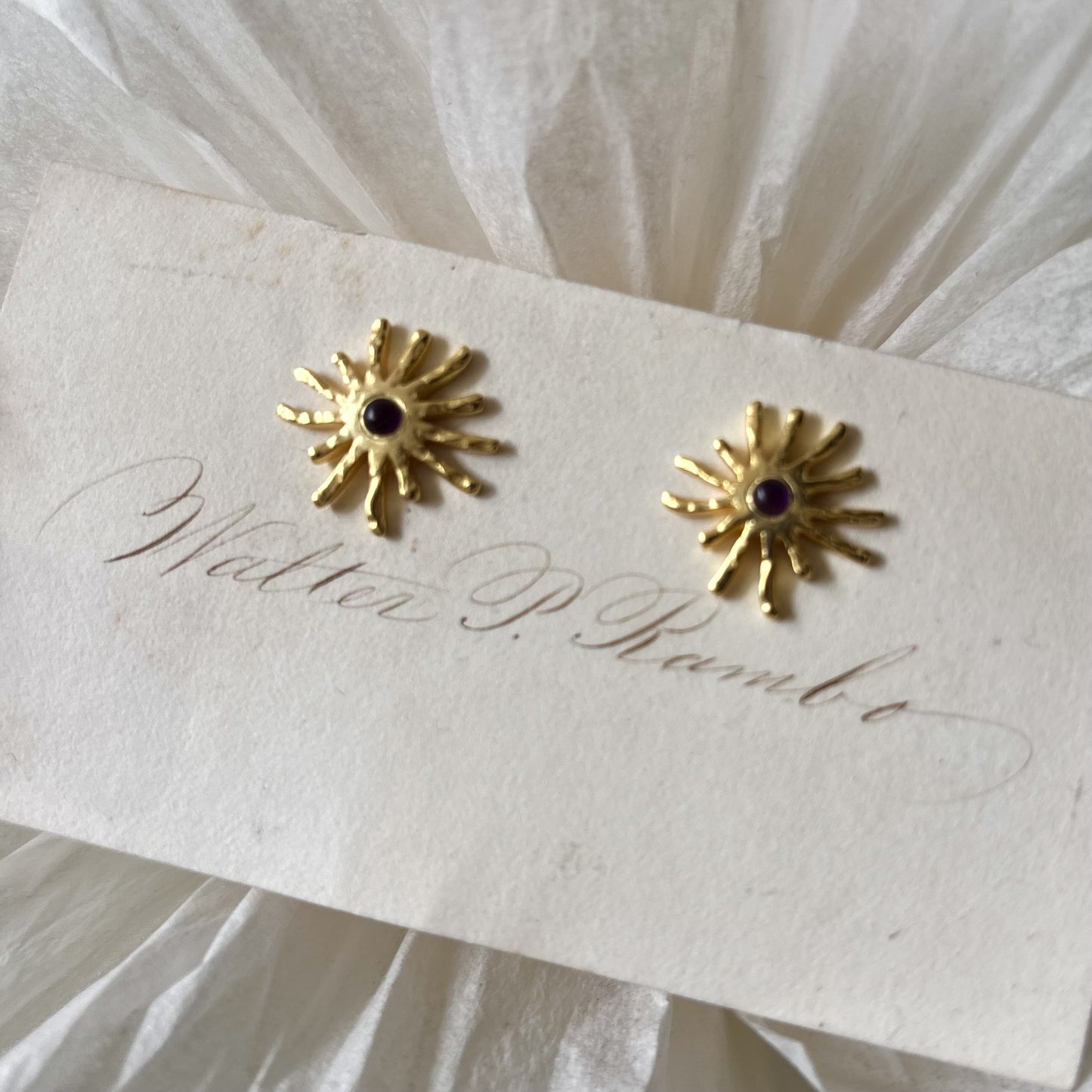 Gold Sunburst with Garnet Stud Earrings