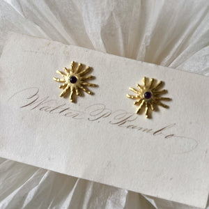 Gold Sunburst with Garnet Stud Earrings