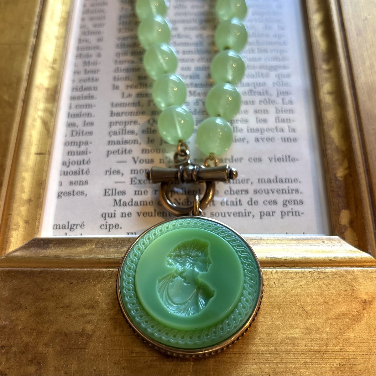 Green Opal Intaglio with Celadon Beads Necklace