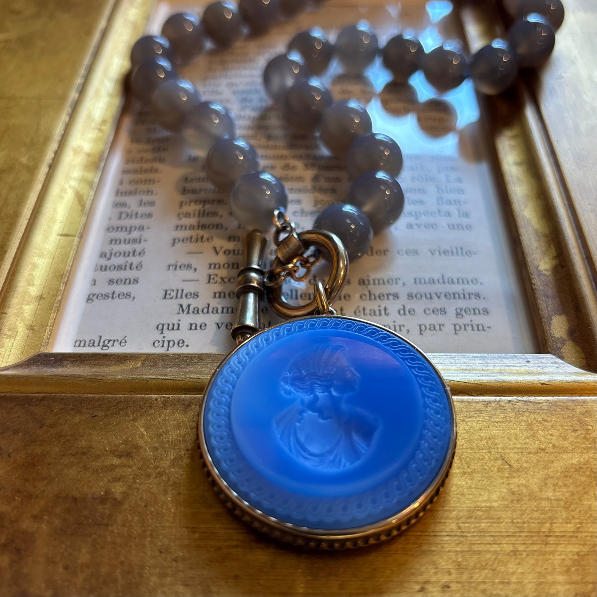 Blue Opal Intaglio with Lavender Gray Beads Necklace