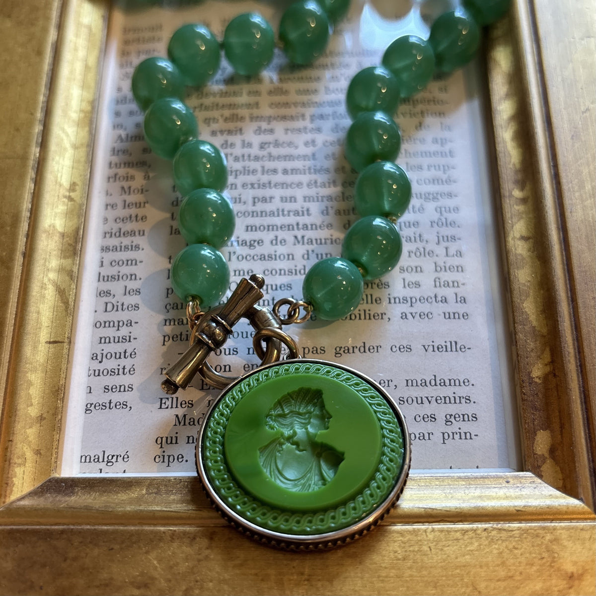 Kelly Green Intaglio with Green Beads Necklace