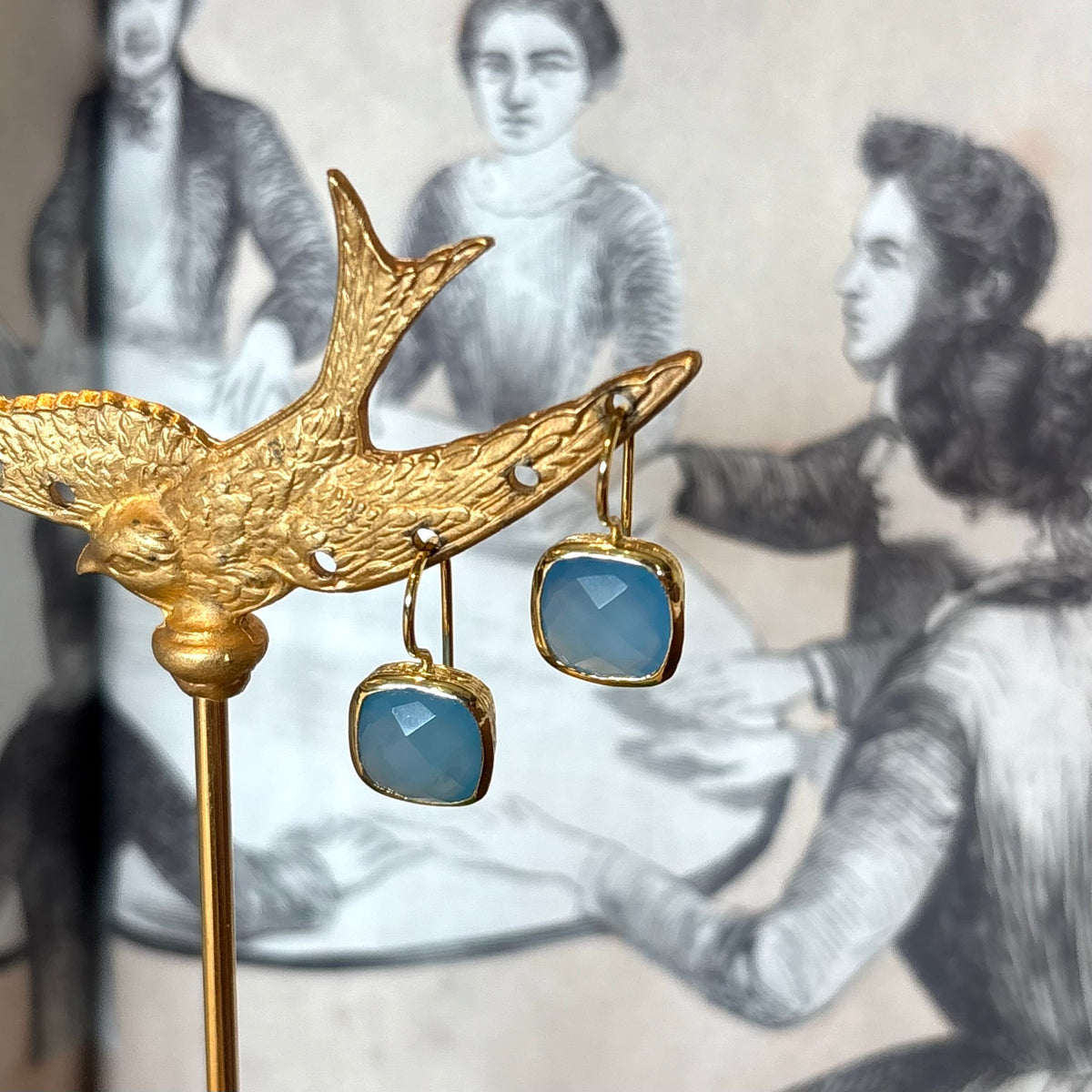 Blue Chalcedony in Gold Drop Earrings
