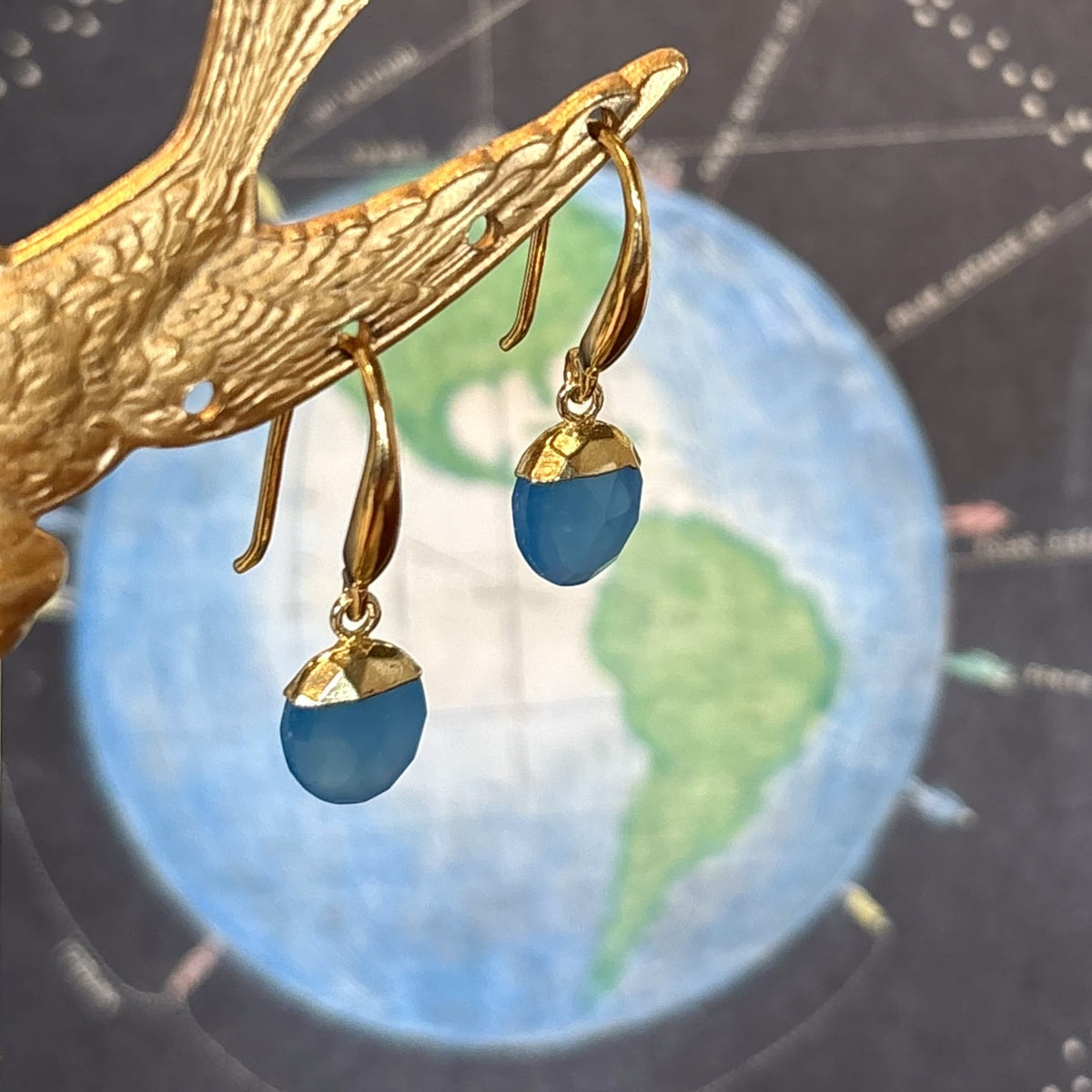Blue Chalcedony with Gold Caps Drop Earrings