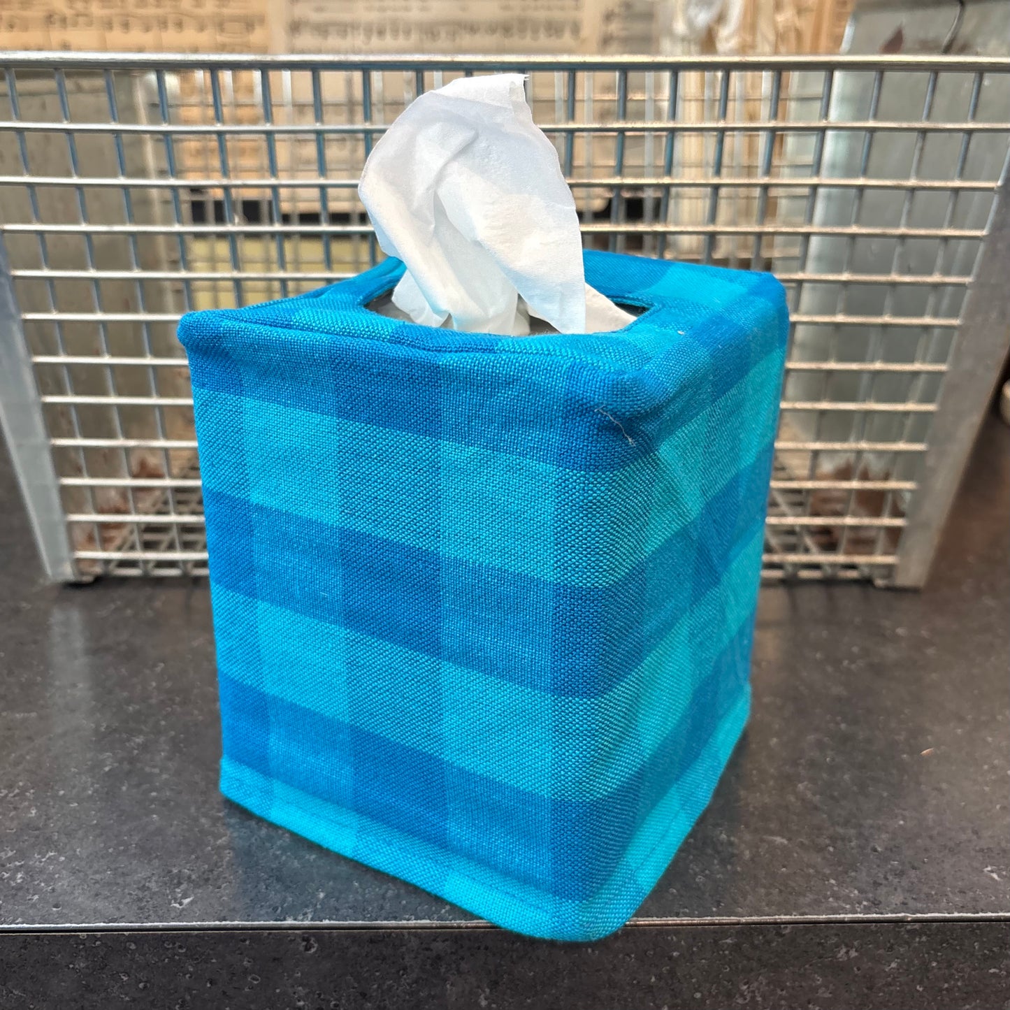 Aqua Gingham Tissue Box Cover