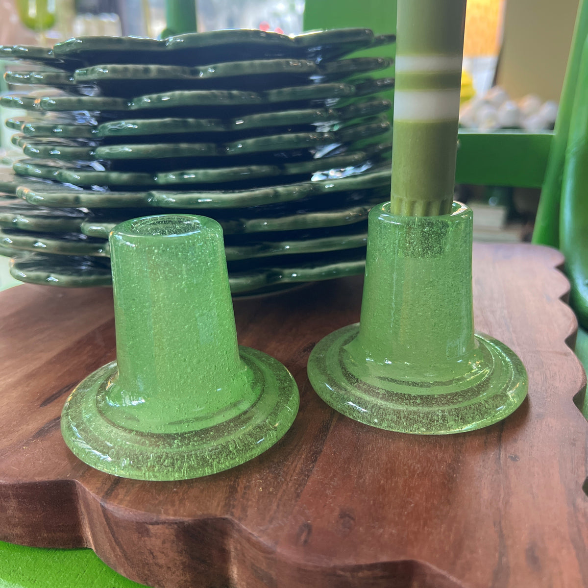 Green Glass Short Candle Holder