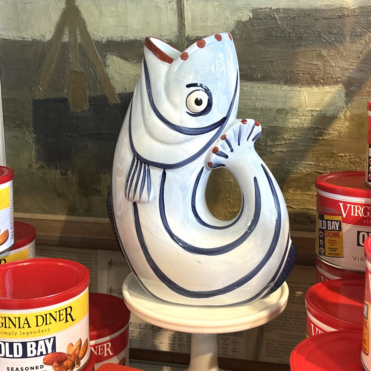 Blue Striped Shapely Fish Jug