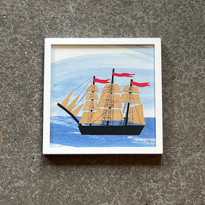 Clipper Ship Black with Red Flags by Denise Fiedler