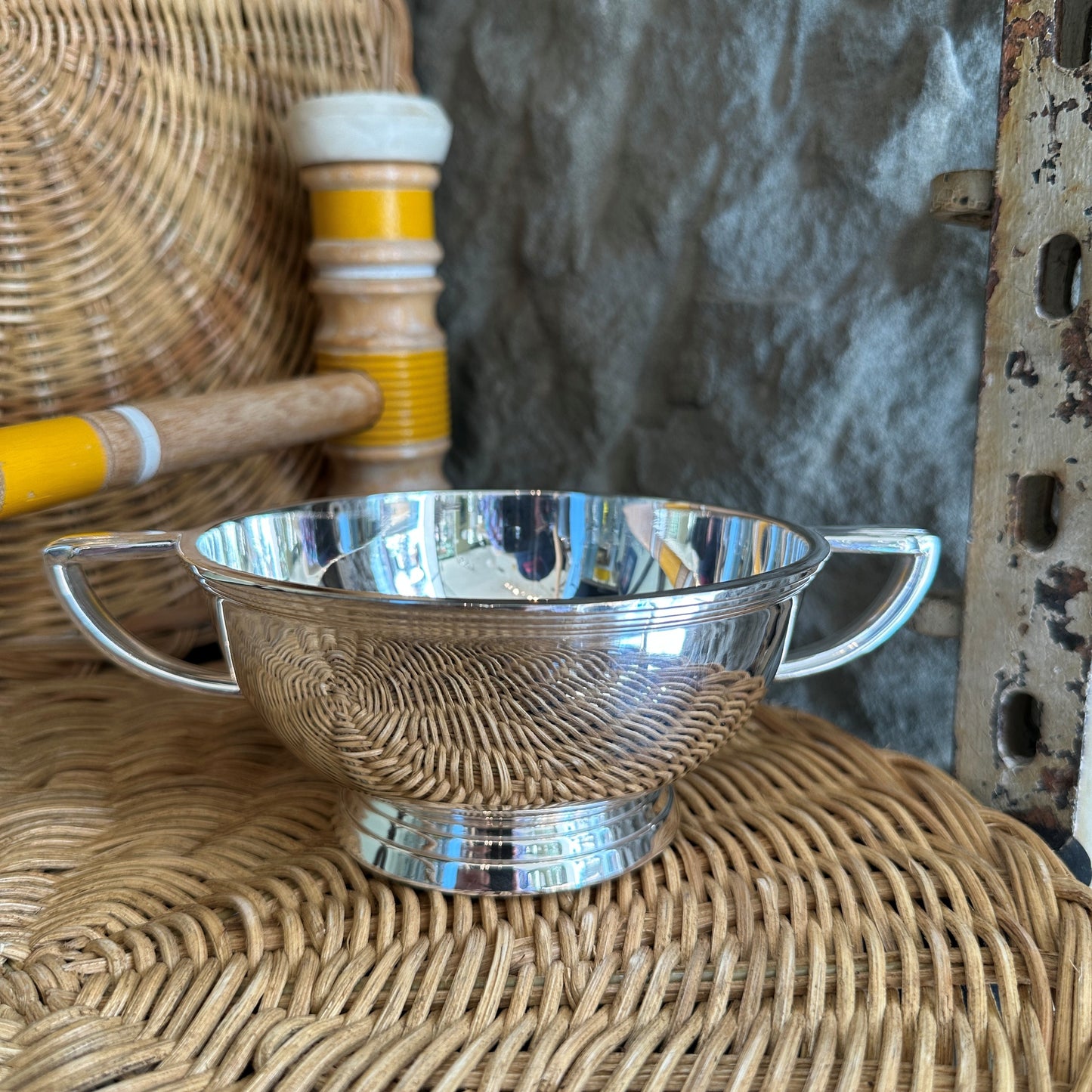 Vintage Hotel Silver Pedestal Bowl with Angular Deco Handles