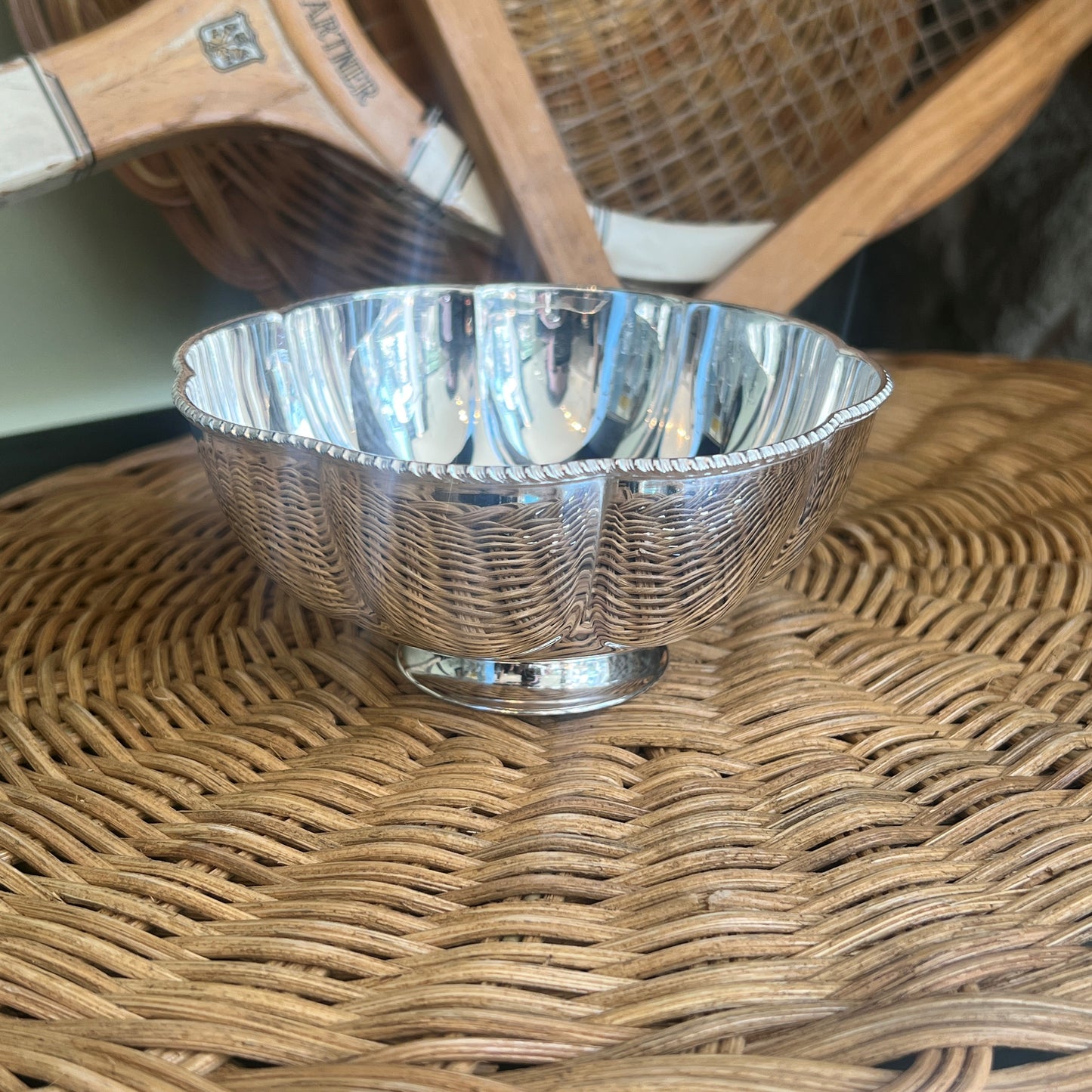 Vintage Hotel Silver Scalloped Pedestal Bowl, Beaded Top Rim