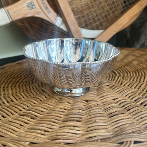 Vintage Hotel Silver Scalloped Pedestal Bowl, Beaded Top Rim