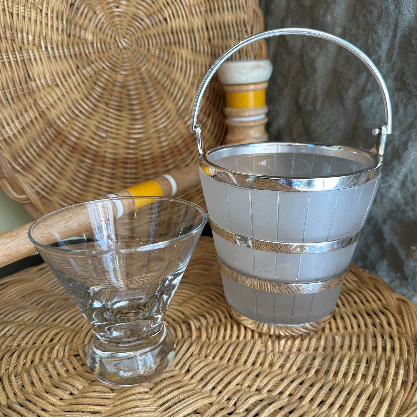 Vintage Hotel Silver Frosted Glass Ice Pail with Pierced Drain