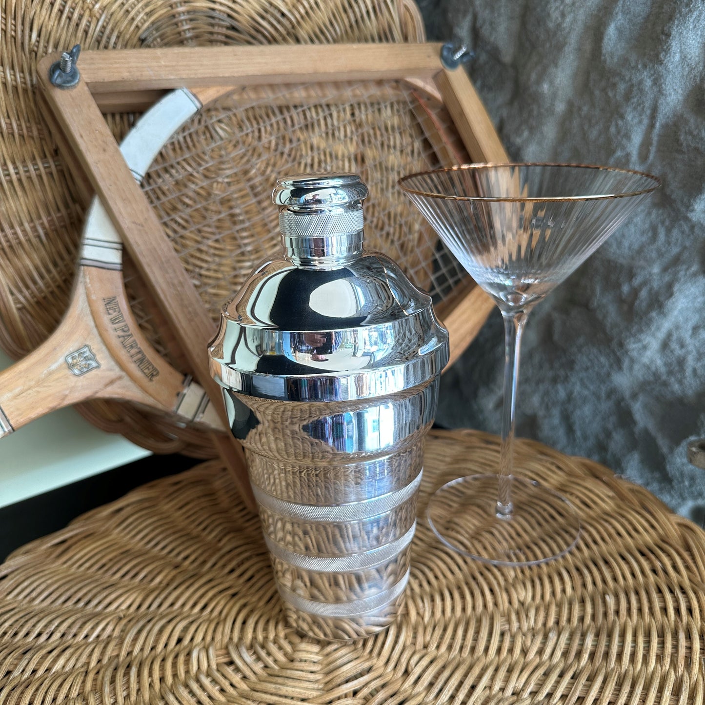 Vintage Hotel Silver Engine Turned Cocktail Shaker, 8"