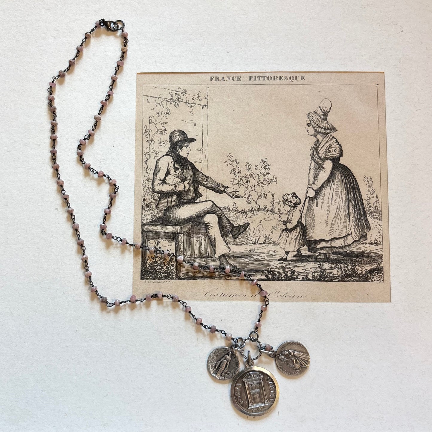 Pink Rhodonite Vintage Charm Necklace