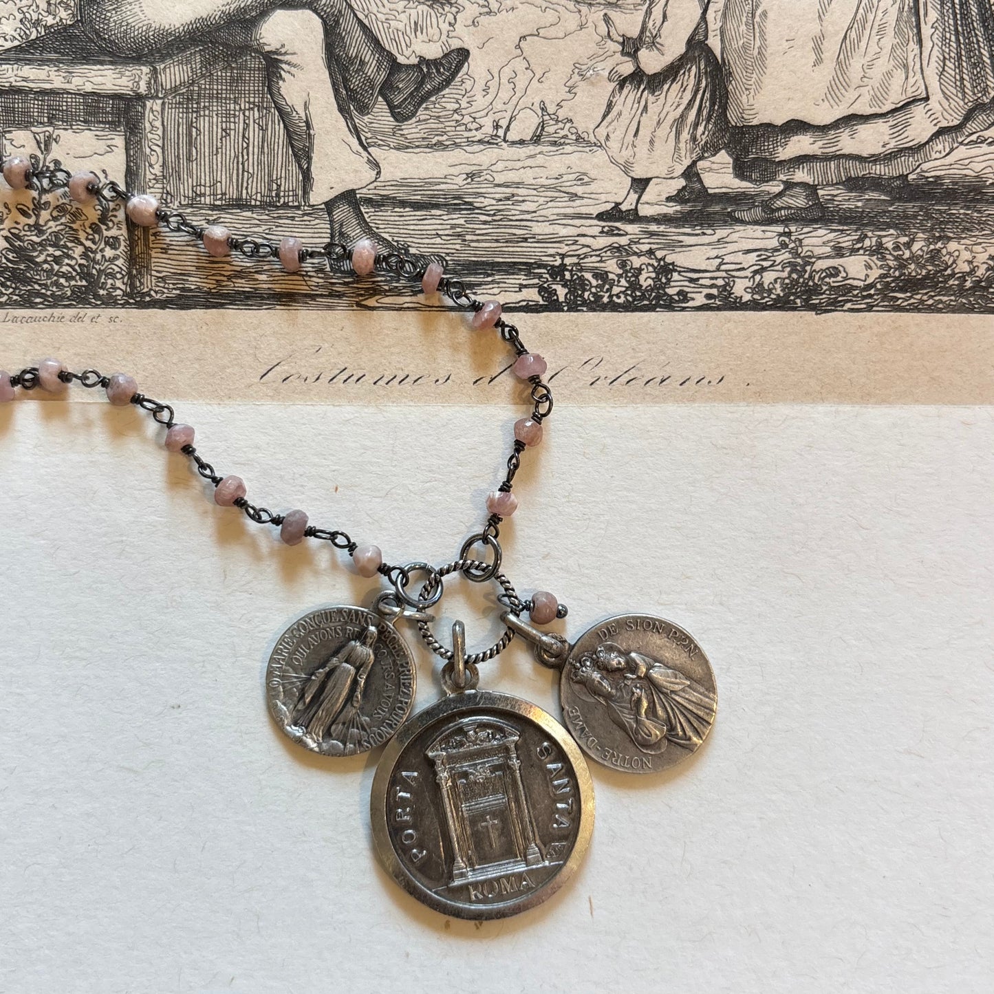 Pink Rhodonite Vintage Charm Necklace