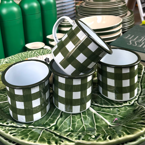 Forest Green Gingham Enamel Mug