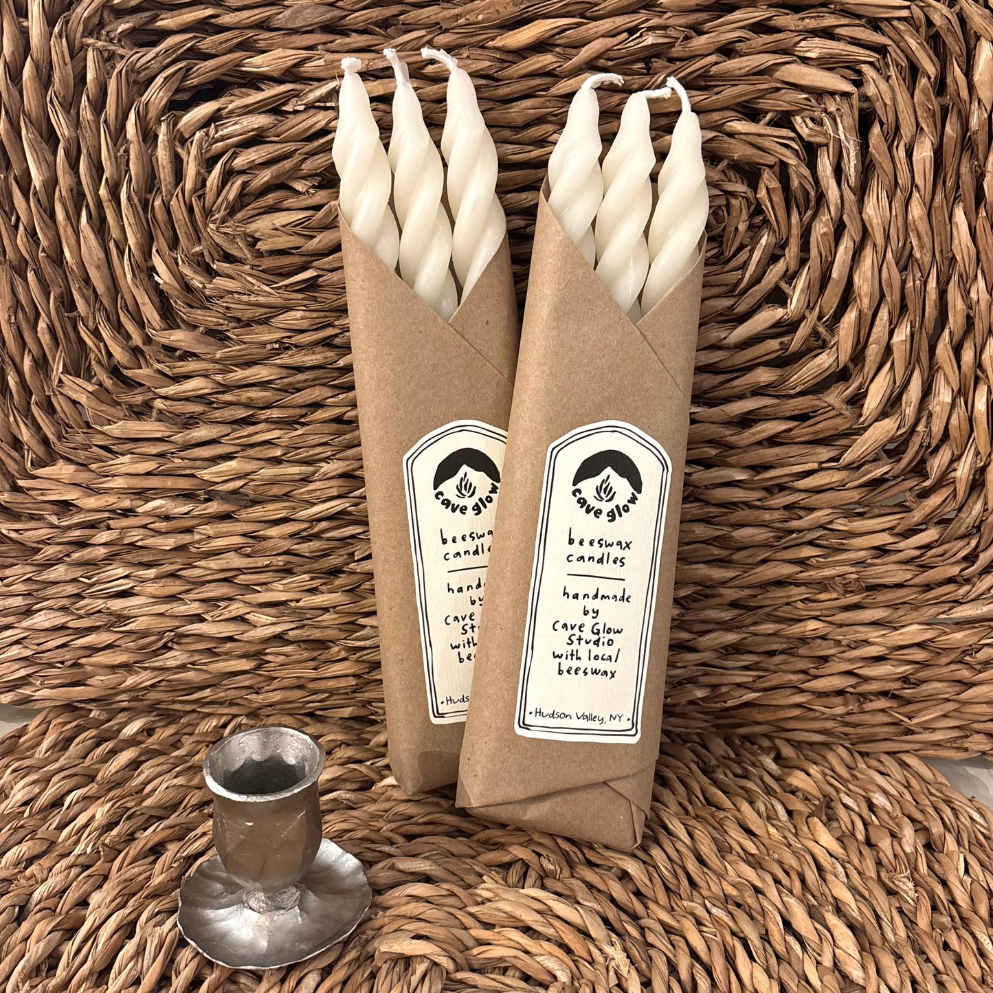 White Beeswax Spiral Taper Candle Set