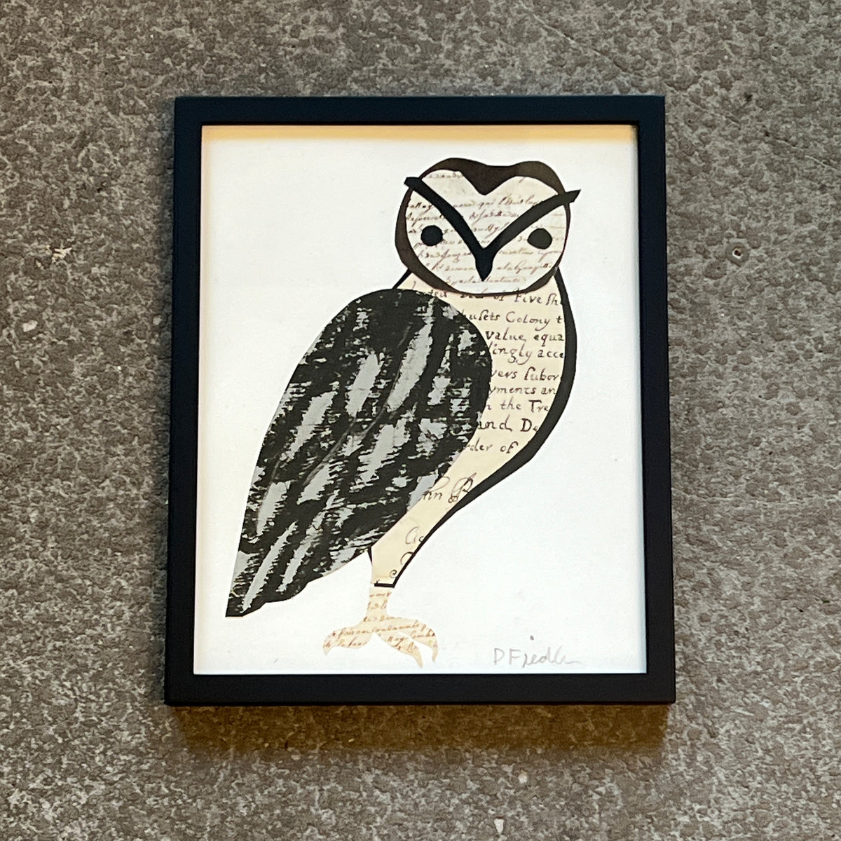 Owl with Calligraphy & Grey Wing by Denise Fiedler