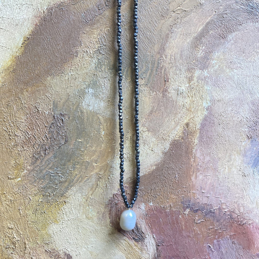 Pyrite Beaded Necklace with Pearl Drop