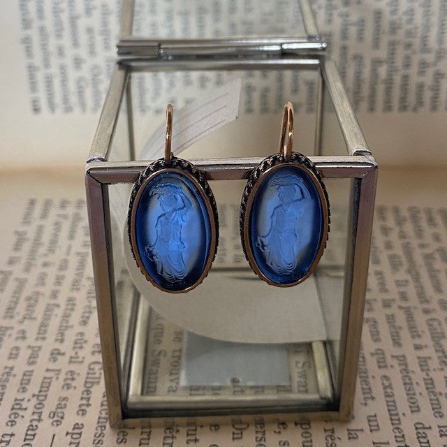 Blue Oval Greek Intaglio Earrings