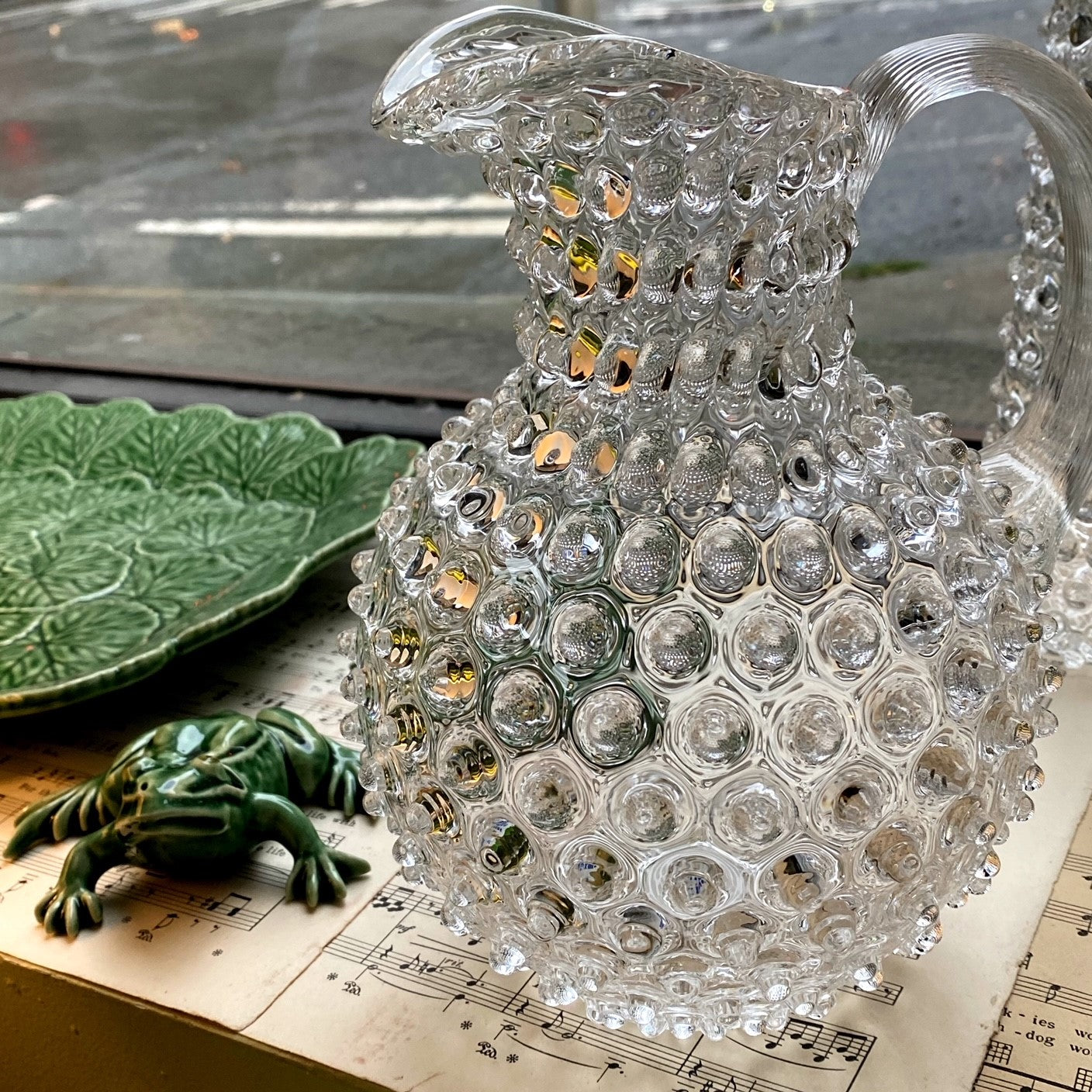 Tall Clear Glass Hobnail Pitcher