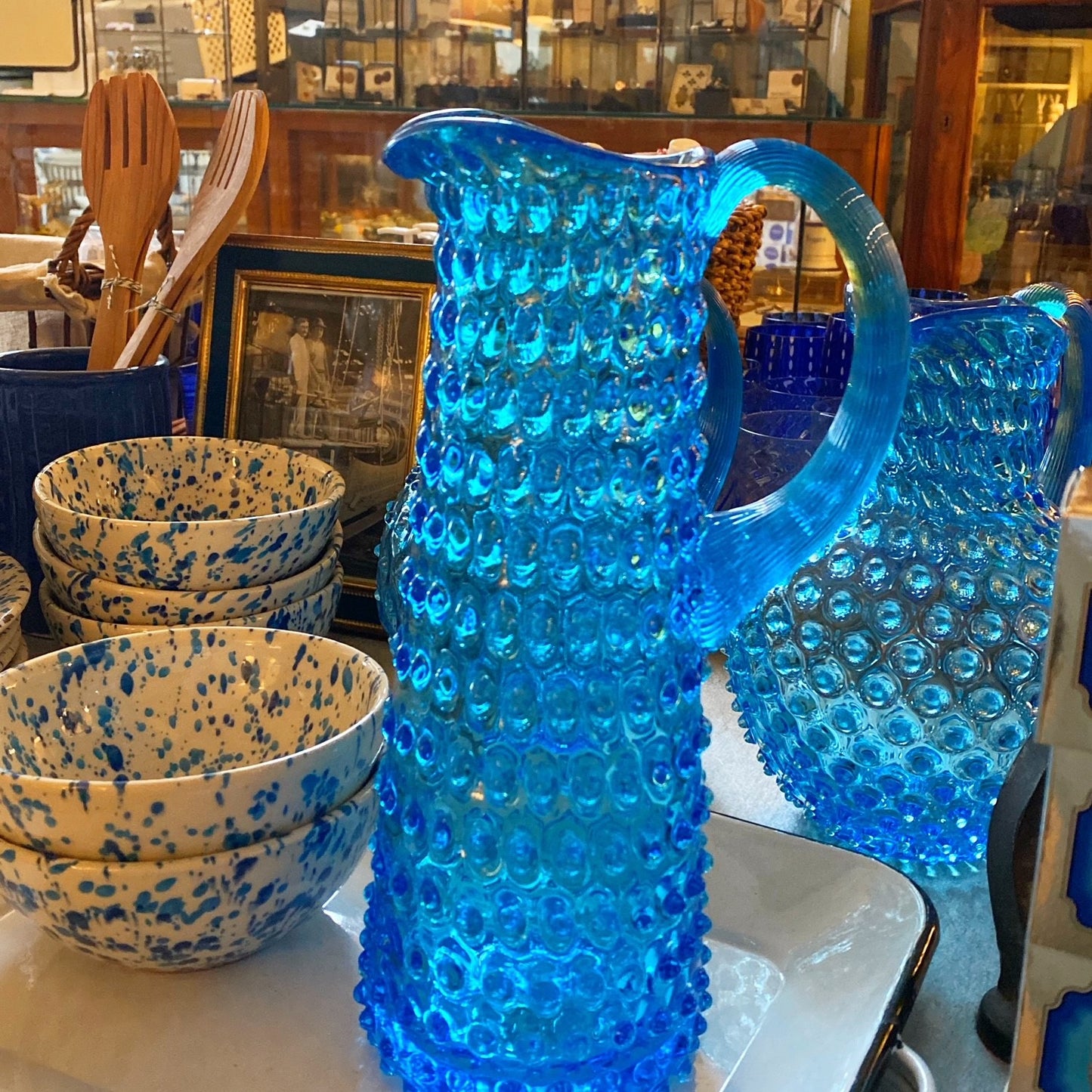 Tall Aqua Hobnail Pitcher