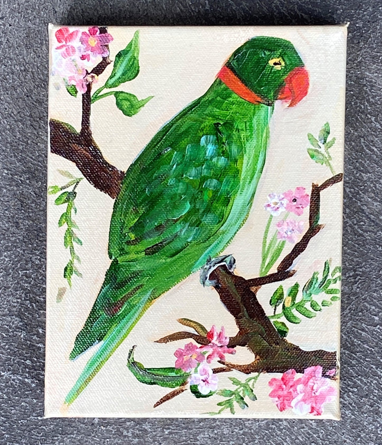 Green Parrot & Floral Branch, Mindy Carpenter