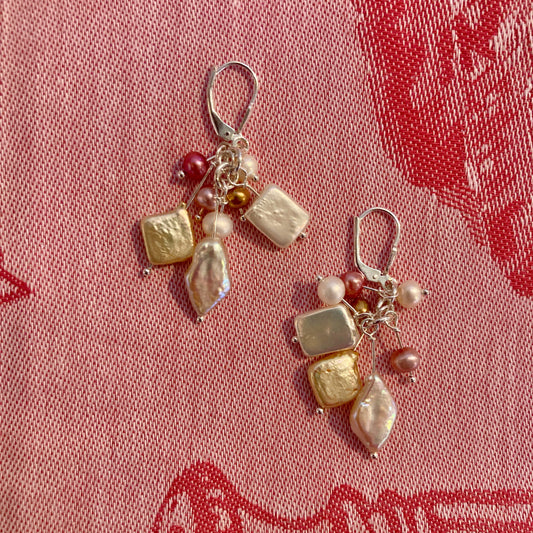 Raspberry Coin Pearl Cluster Earrings